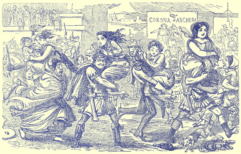 The Romans Walking off with the Sabine Women, illustration fra The Comic History of Rome af Gilbert Abbott a Beckett, udgivet ca. 1850 (digitalt forbedret billede) af English School