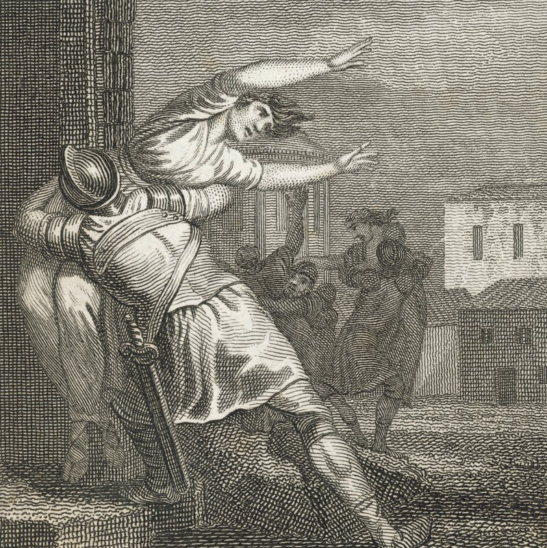 Romerne bortførte sabinerkvinderne, så de kunne få dem til hustruer (kobberstik) af English School