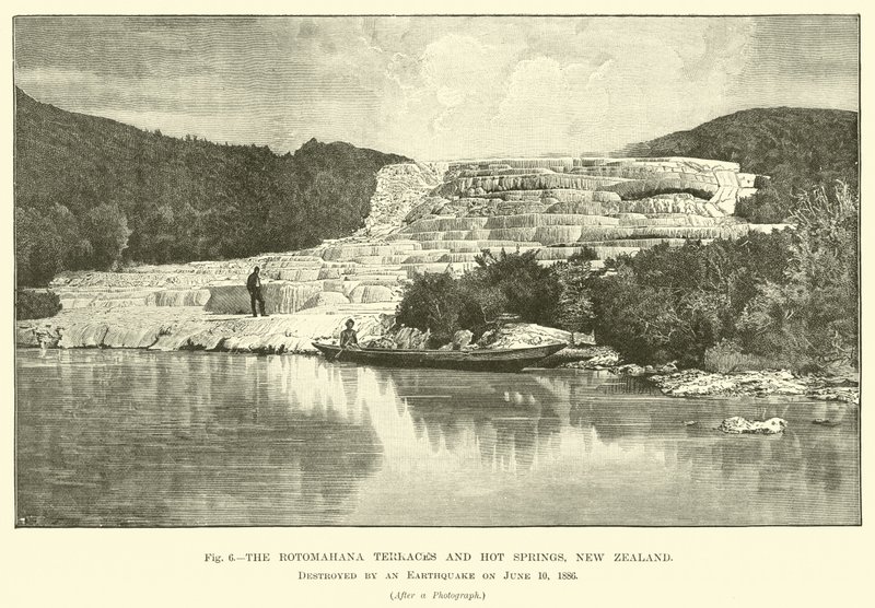 The Rotomahana terraces and hot springs, New Zealand, destroyed by an earthquake on 10 June 1886  af English School