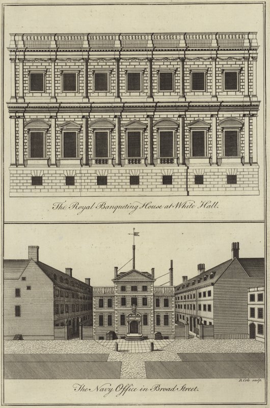 Royal Banqueting House i Whitehall og Navy Office i Broad Street, London af English School