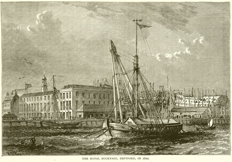 Royal Dockyard, Deptford, i 1810 af English School