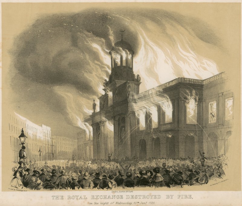 Royal Exchange, London, ødelagt af brand natten til den 10. januar 1838 af English School