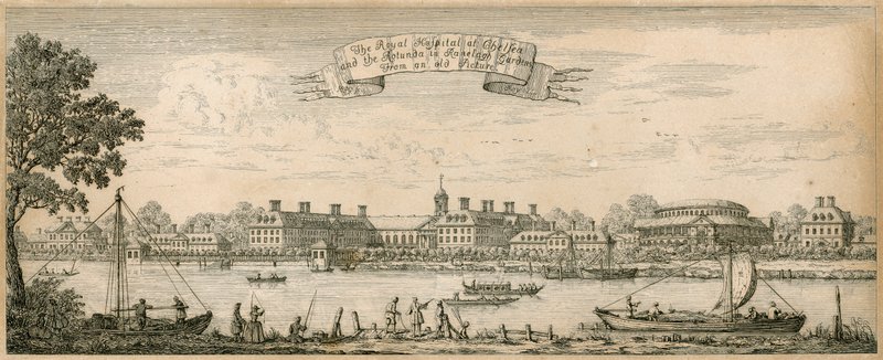 Royal Hospital i Chelsea og Rotunda i Ranelagh Gardens fra et gammelt billede af English School