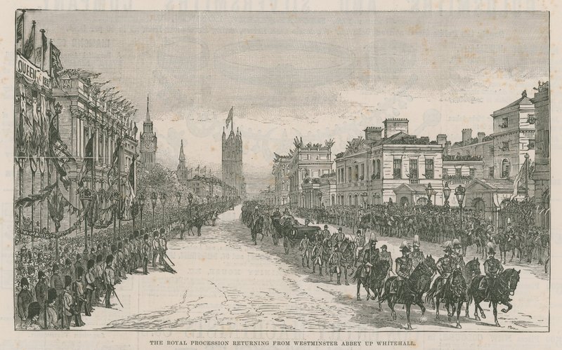 Den kongelige procession vender tilbage fra Westminster Abbey op ad Whitehall af English School