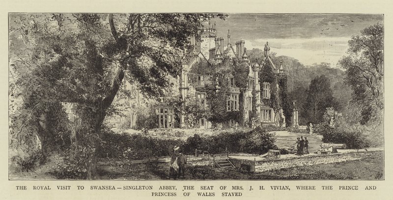 Det kongelige besøg i Swansea, Singleton Abbey, sæde for fru J H Vivian, hvor prinsen og prinsessen af Wales opholdt sig (gravering) af English School