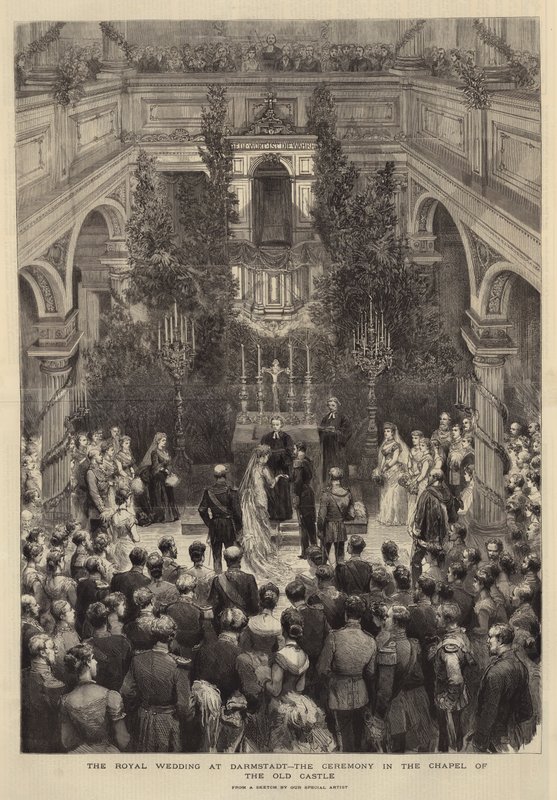 Det kongelige bryllup i Darmstadt, ceremonien i kapellet på det gamle slot (gravering) af English School
