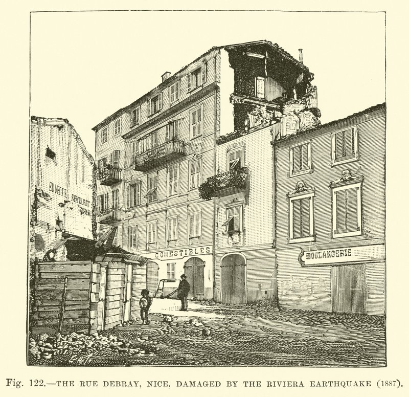 The Rue Debray, Nice, damaged by the Riviera Earthquake, 1887  af English School