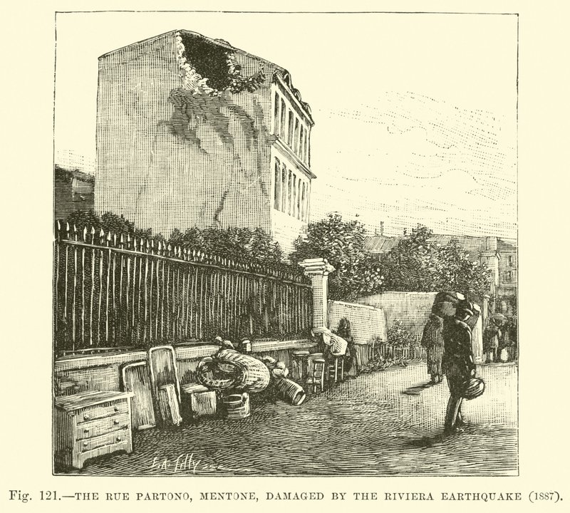 The Rue Partono, Mentone, damaged by the Riviera Earthquake, 1887  af English School