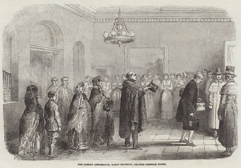 Den russiske ambassadør, Baron Brunnow, forlader Chesham House (gravering) af English School