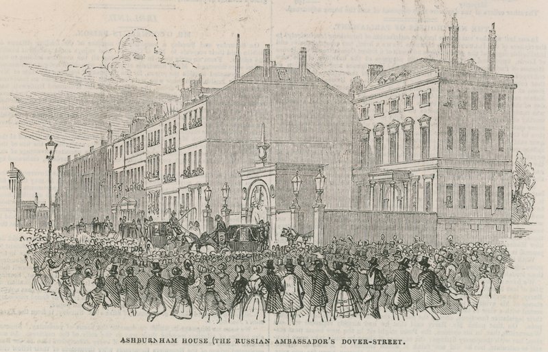 De russiske ambassadørers hus; Ashburnham House, Dover Street, London af English School