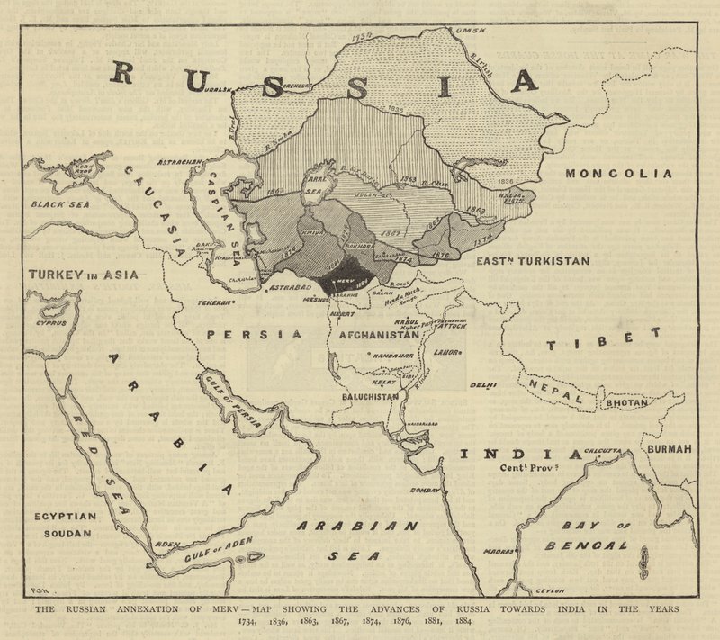 Den russiske annektering af Merv, kort, der viser Ruslands fremskridt mod Indien i årene 1734, 1836, 1863, 1867, 1874, 1876, 1881, 1884 af English School