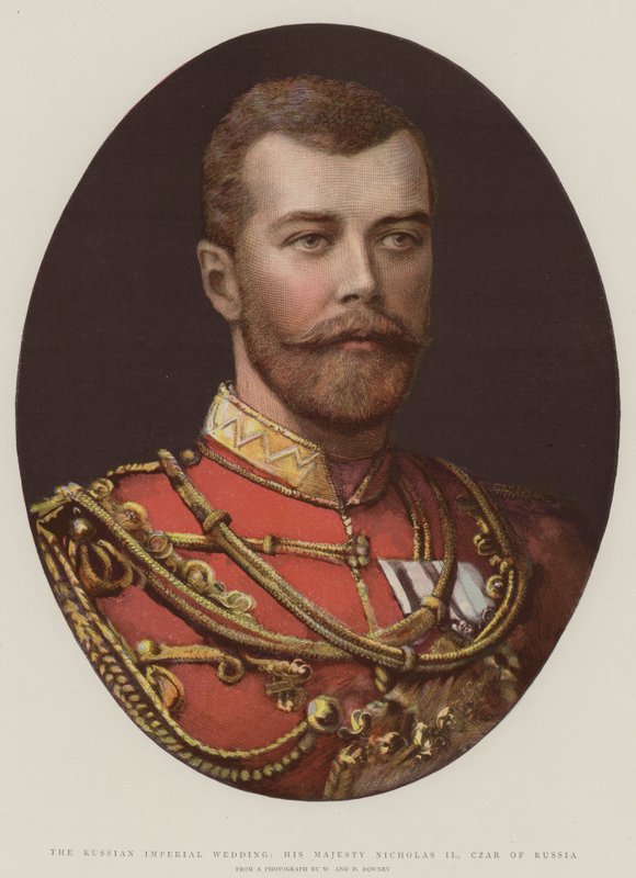 Det russiske kejserlige bryllup, Hans Majestæt Nicholas II, zar af Rusland (farve litho) af English School