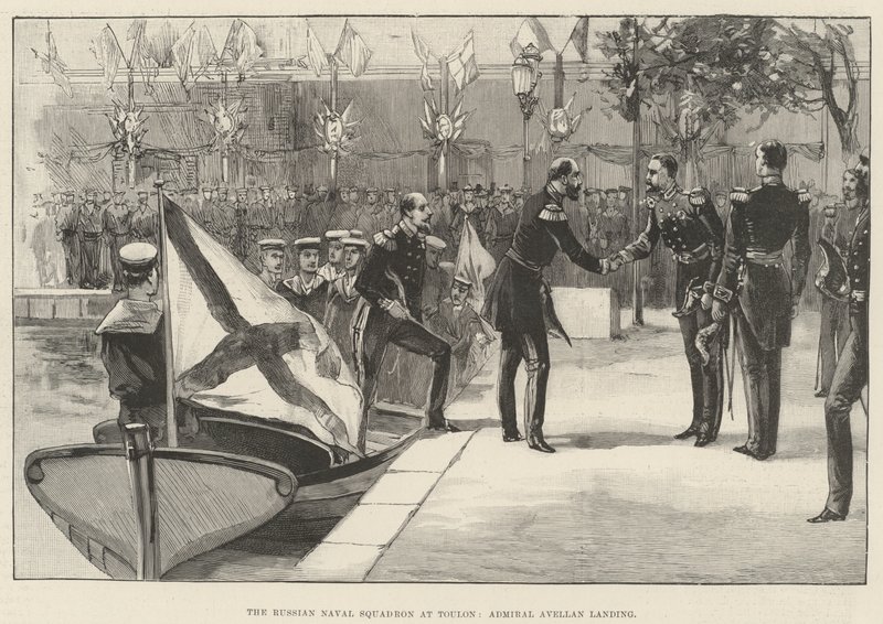 Den russiske flådeskadron ved Toulon, admiral Avellan lander (gravering) af English School
