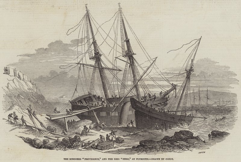 Skonnerten "Providence" og briggen "Hero" i Plymouth (gravering) af English School