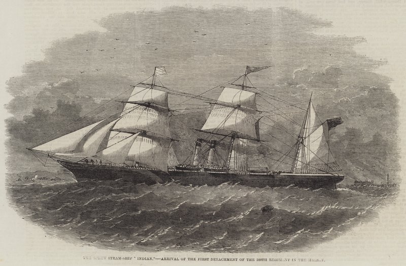 Screw Steam-Ship "Indian," Ankomst af den første afdeling af 100. regiment i Mersey (gravering) af English School