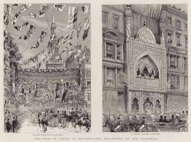 Shahen af Persien i England, processionen til Guildhall (gravering) af English School