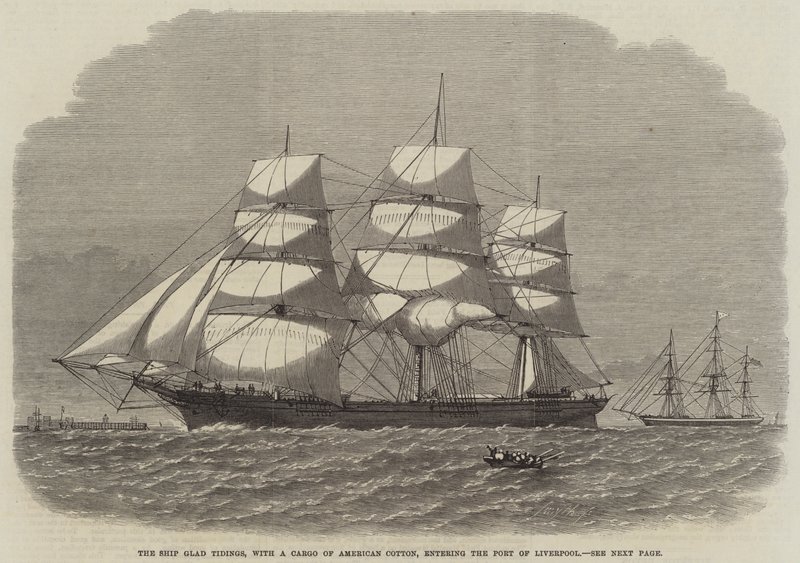 The Ship Glad Tidings, med en last af amerikansk bomuld, anløber havnen i Liverpool (gravering) af English School