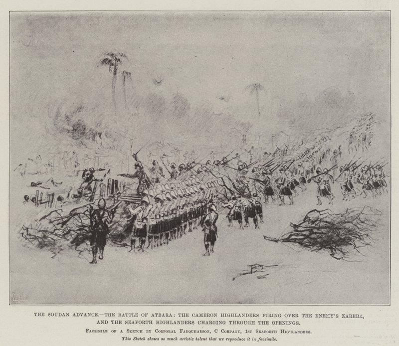Soudan-fremrykningen, slaget ved Atbara, Cameron Highlanders, der skyder over fjendens Zareba, og Seaforth Highlanders, der stormer gennem åbningerne (litho) af English School