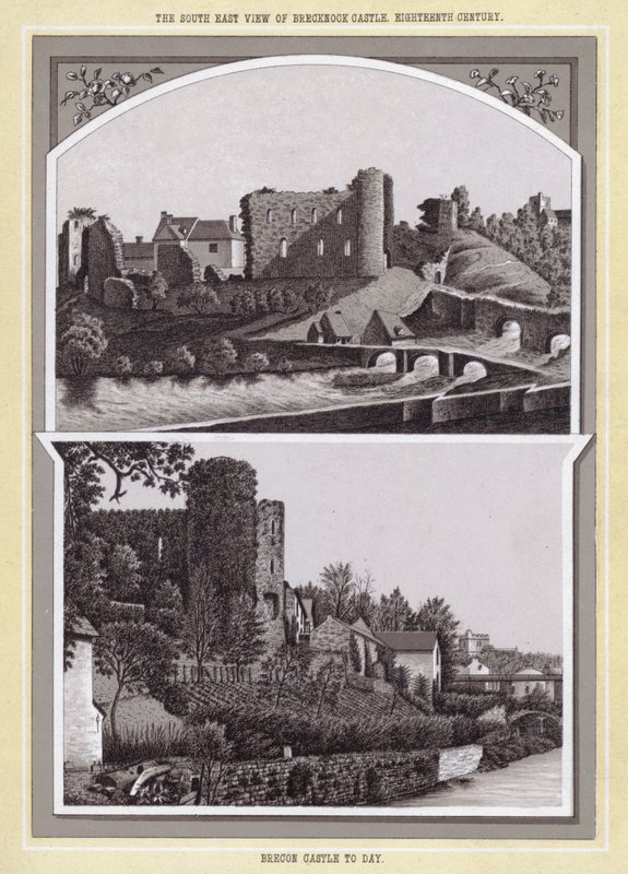 Den sydøstlige udsigt over Brecknock Castle, attende århundrede; Brecon Castle i dag (litho) af English School