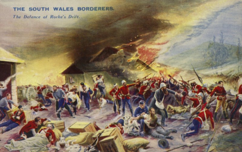 De sydlige Wales grænser ved forsvaret af Rorkes Drift, Sydafrika, Zulu-krigen, 1879 af English School