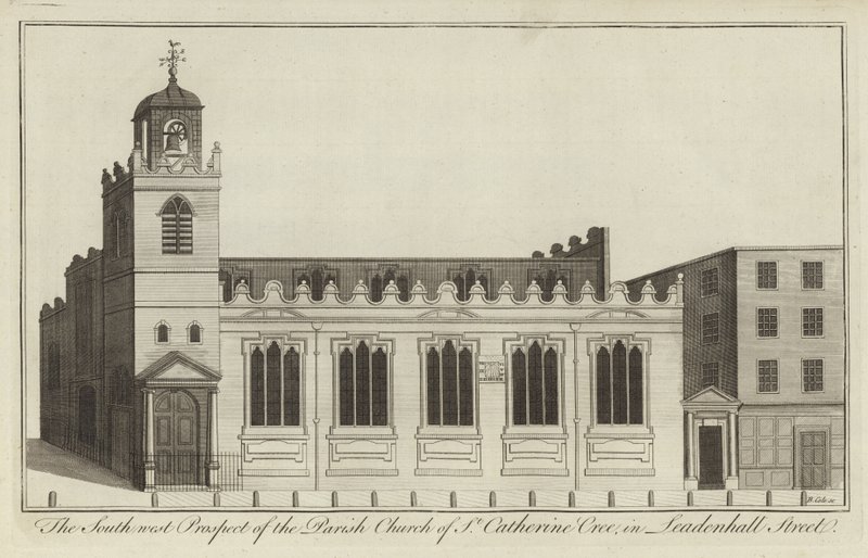 South West Prospect af Parish Church of St Catherine Cree i Leadenhall Street, London af English School