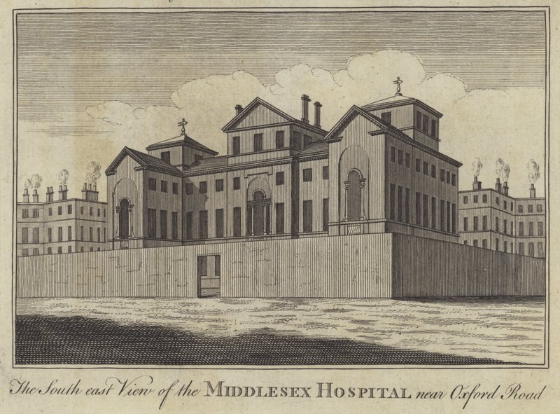Den sydøstlige udsigt over Middlesex Hospital nær Oxford Road, London (gravering) af English School