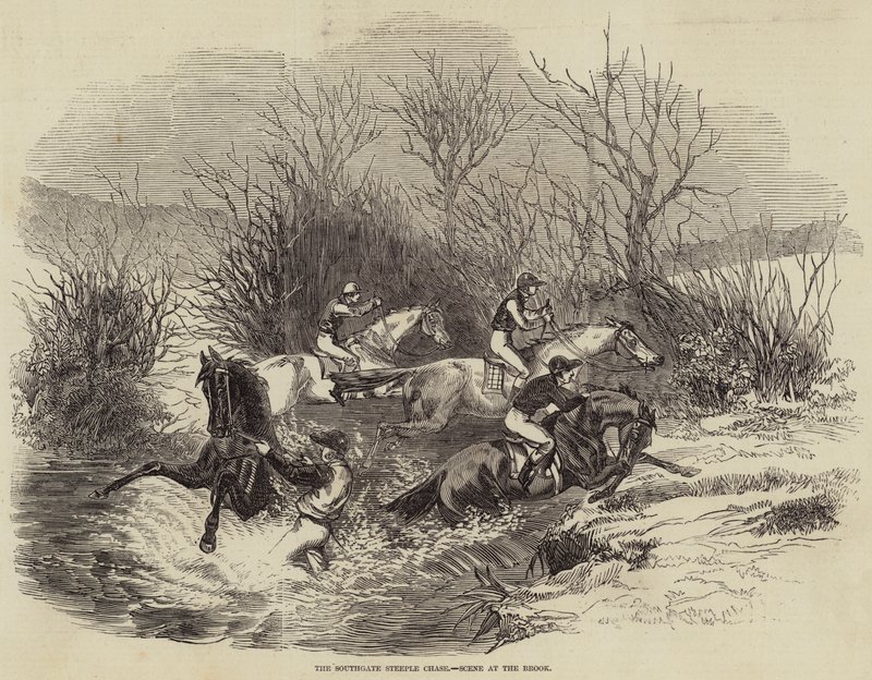 Southgate Steeple Chase, scene ved bækken (gravering) af English School