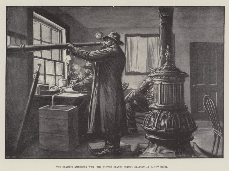Den spansk-amerikanske krig, USAs signalstation ved Sandy Hook (litho) af English School