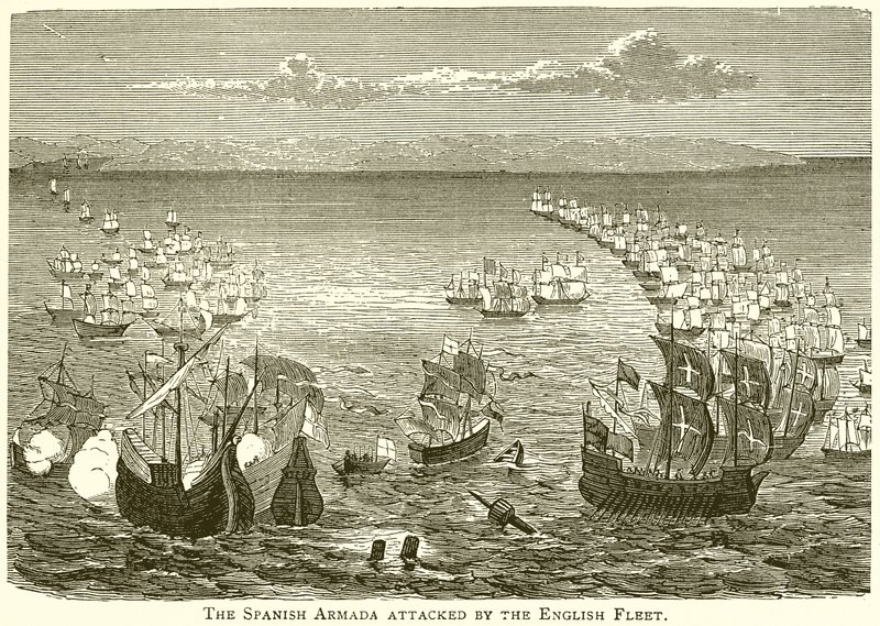 Den spanske armada angrebet af den engelske flåde af English School