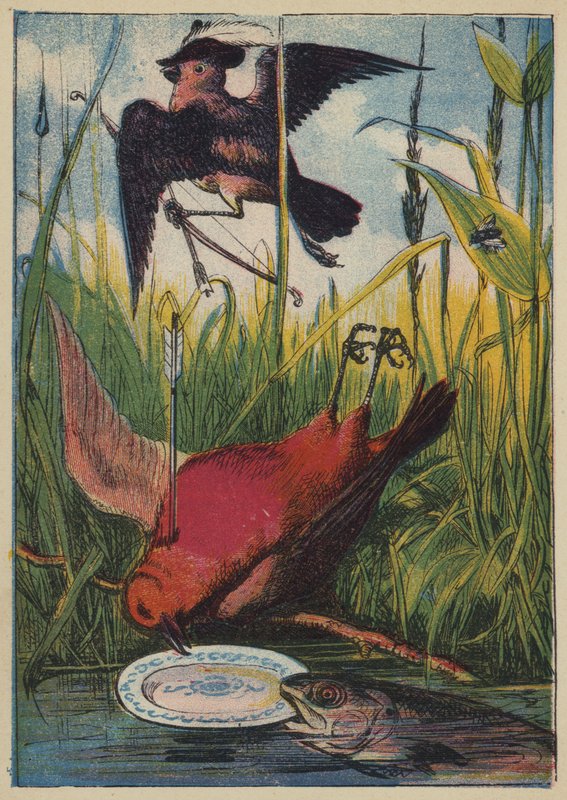 Spurven, hanen Robin og fisken (farve litho) af English School