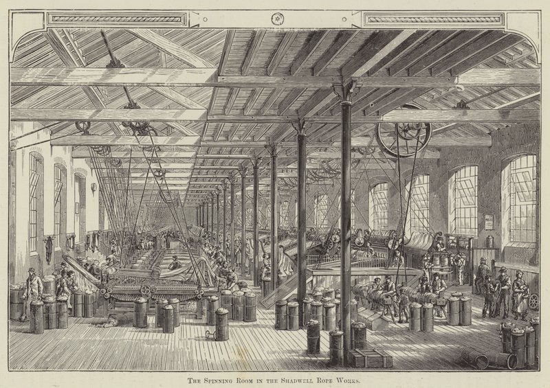 The Spinning Room in the Shadwell Rope Works (gravering) af English School