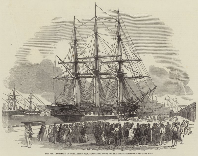 "St Lawrence," i Southampton Dock, losser varer til den store udstilling (gravering) af English School
