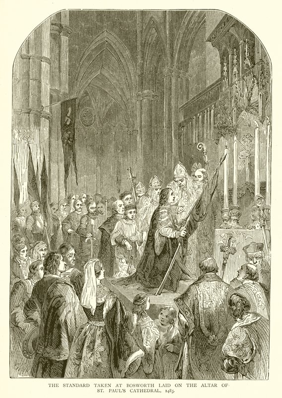 Standarden taget ved Bosworth lagt på alteret i St. Pauls Cathedral, 1485 af English School