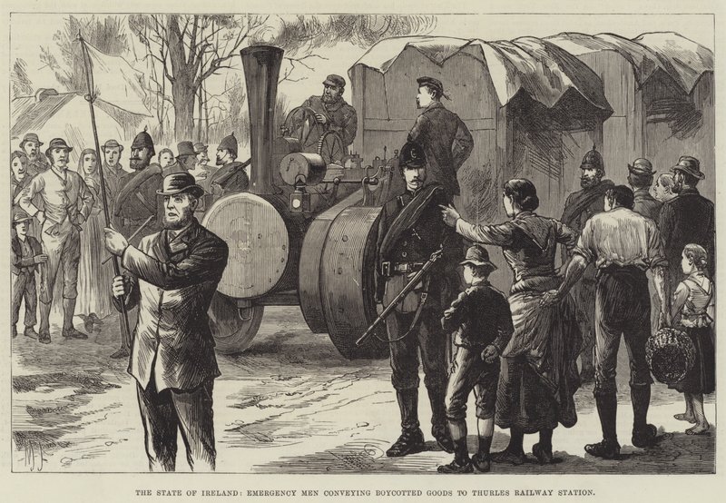 Staten i Irland, nødhjælpsmænd, der transporterer boykottet gods til Thurles Railway Station (gravering) af English School