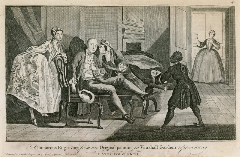 The Stealing of a Kiss: En humoristisk gravering fra et originalt maleri i Vauxhall Gardens, London af English School