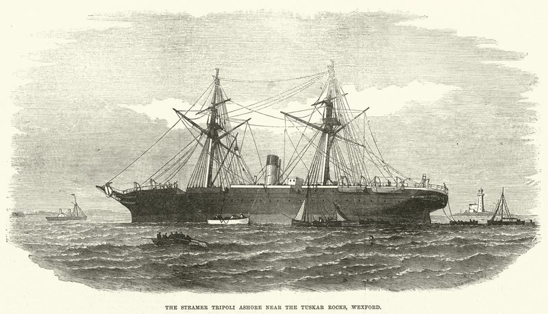 Steamer Tripoli i land nær Tuskar Rocks, Wexford (gravering) af English School