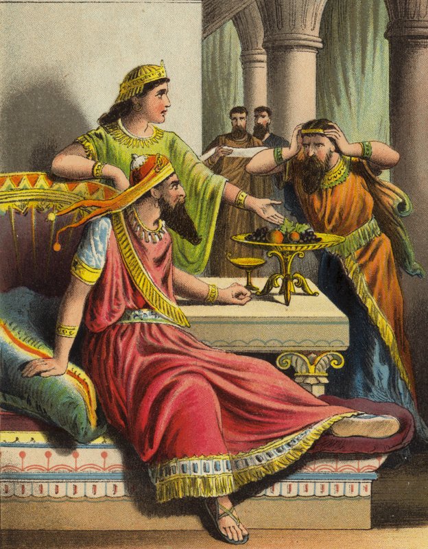 Historien om dronning Esther: Esther anklager Haman (farve litho) af English School