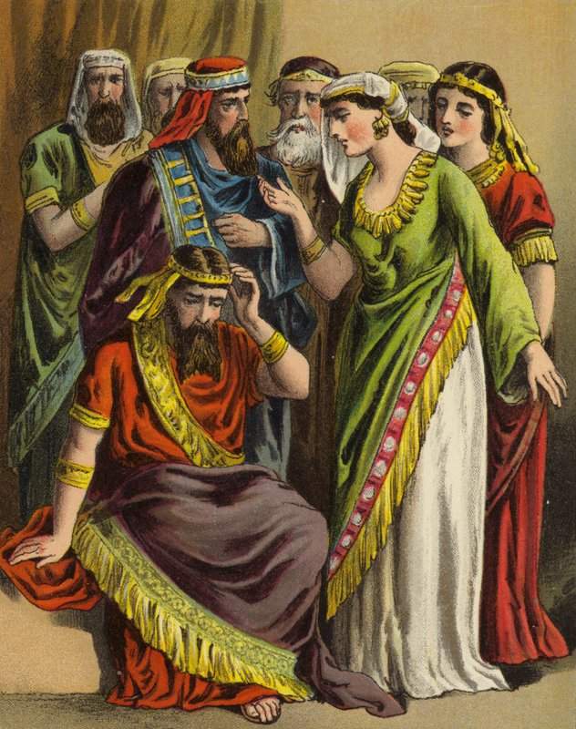 Historien om dronning Esther: Haman lægger sin klage til sin kone Zeresh og alle hans venner (farve litho) af English School