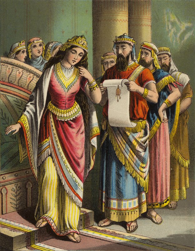 Historien om dronning Esther: Vashtis skændsel (farve litho) af English School