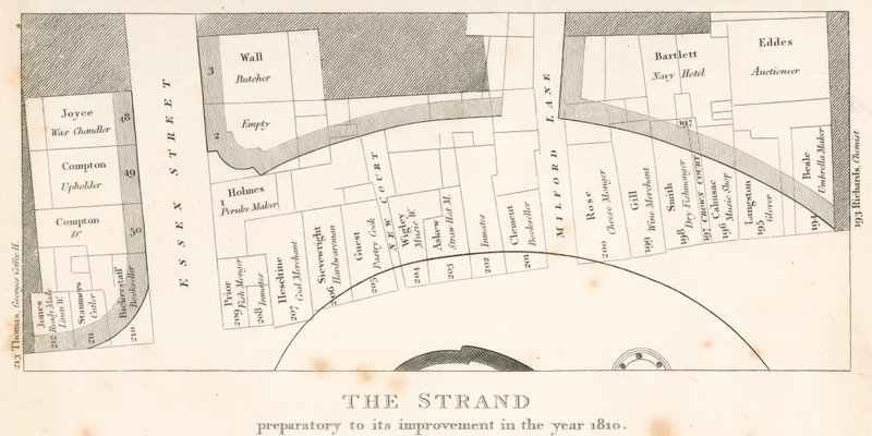 The Strand, London, før dets forbedring i år 1810; plan for området af English School