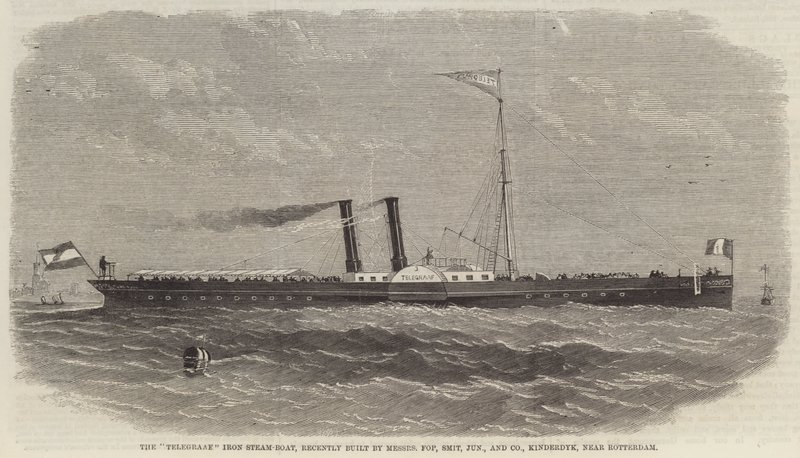 "Telegraaf" Iron Steam-Boat, for nylig bygget af Messers Fop, Smit, Junior and Company, Kinderdyk, nær Rotterdam (gravering) af English School