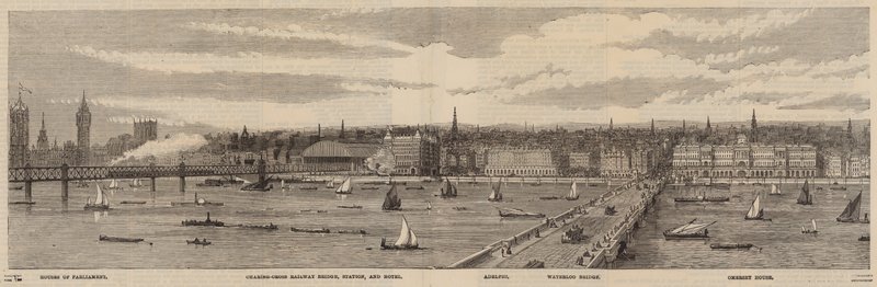 Themsen Embankment på nordsiden af Themsen fra Palace of Westminster til Blackfriars Bridge af English School