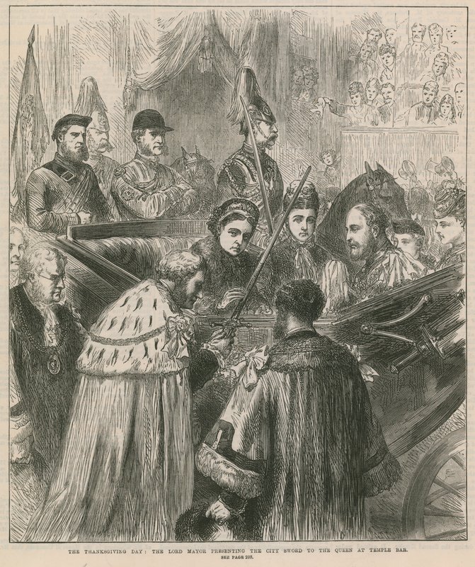 Thanksgiving Day: Overborgmesteren overrækker bysværdet til dronningen i Temple Bar af English School