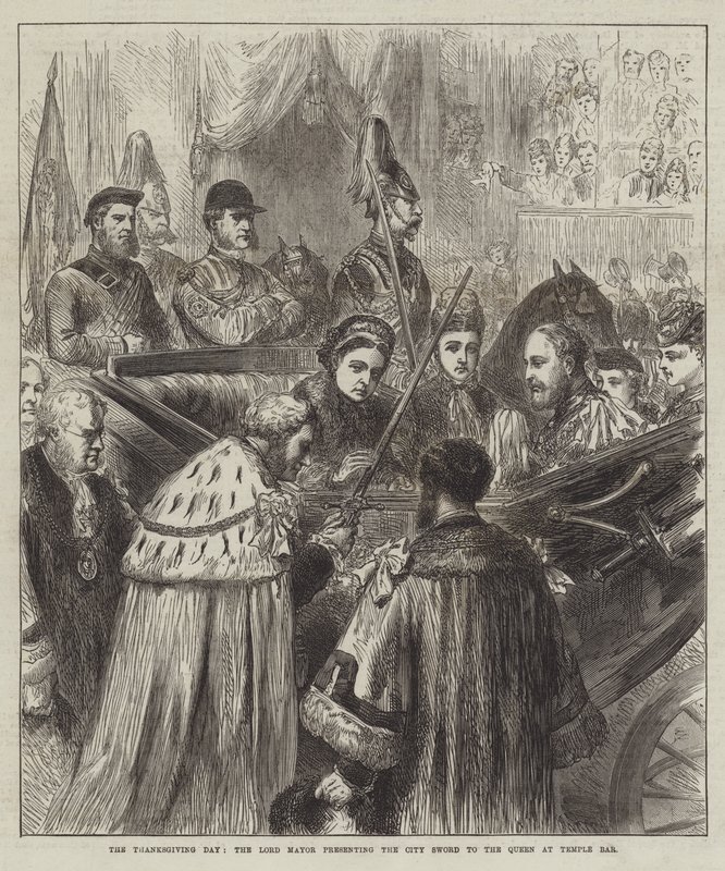 Thanksgiving Day, overborgmesteren præsenterer bysværdet til dronningen ved Temple Bar (gravering) af English School