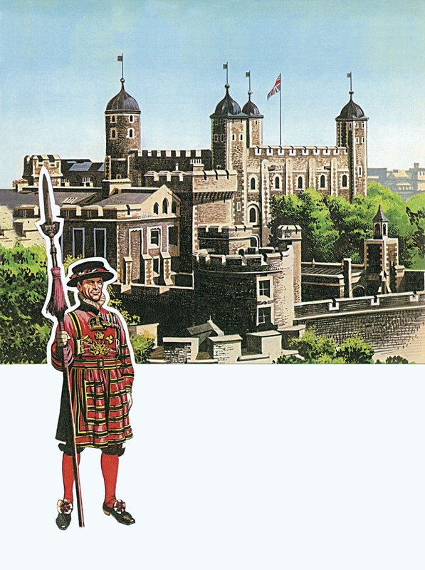 Tower of London med Beefeater af English School