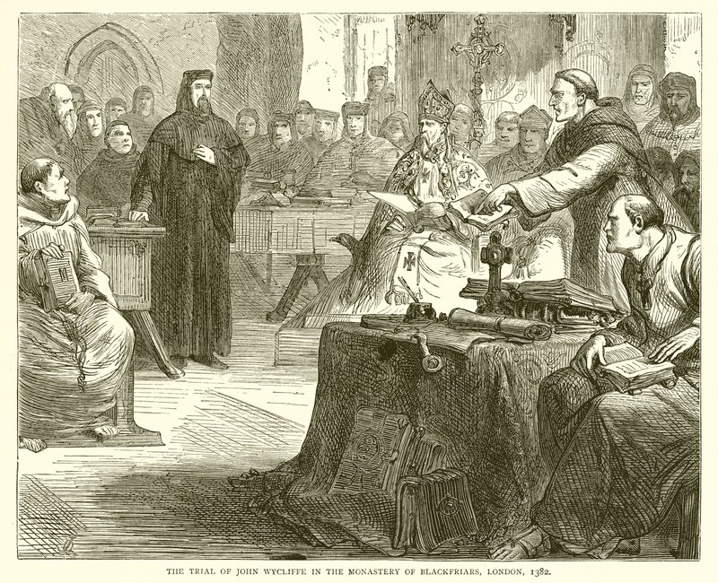 Retssagen mod John Wycliffe i Monastery of Blackfriars, London, 1382 af English School