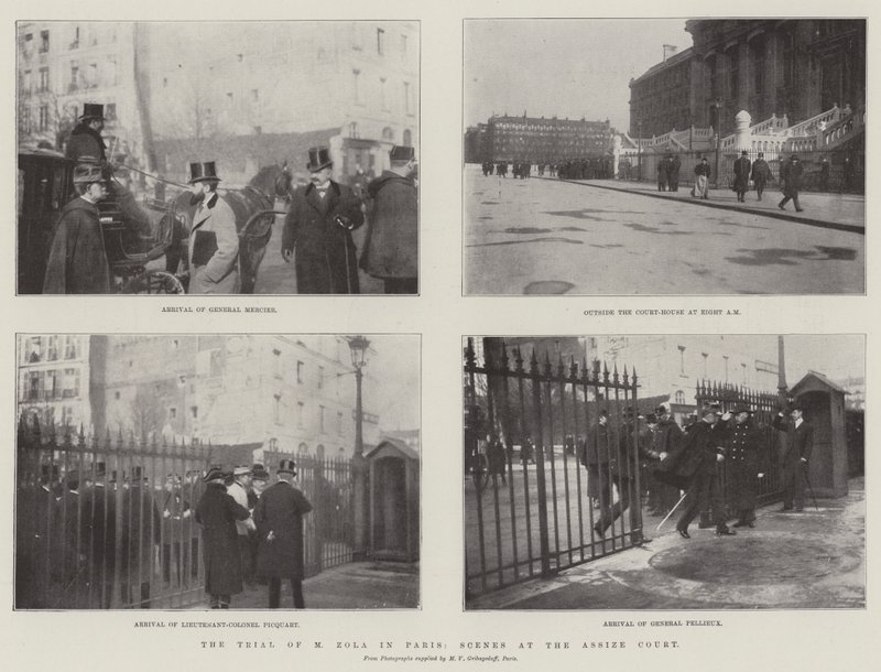 Retssagen mod M Zola i Paris, scener ved Assize Court (gravering) af English School