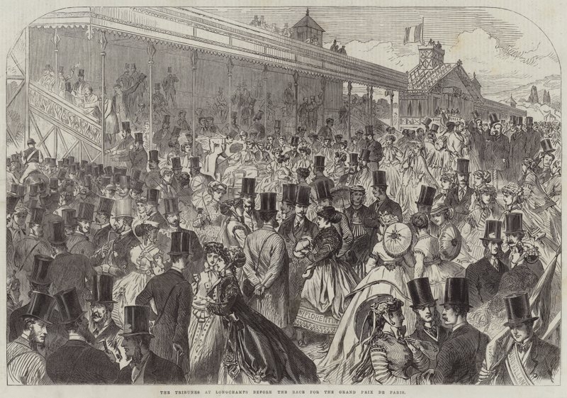 The Tribunes at Longchamps før kapløbet om Grand Prix de Paris (gravering) af English School