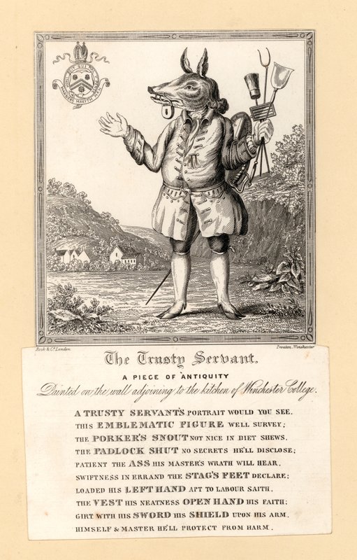 The Trusty Servant, maleri fra 1579 af den engelske digter John Hoskins på væggen ved siden af køkkenet på Winchester College, Hampshire (gravering) af English School