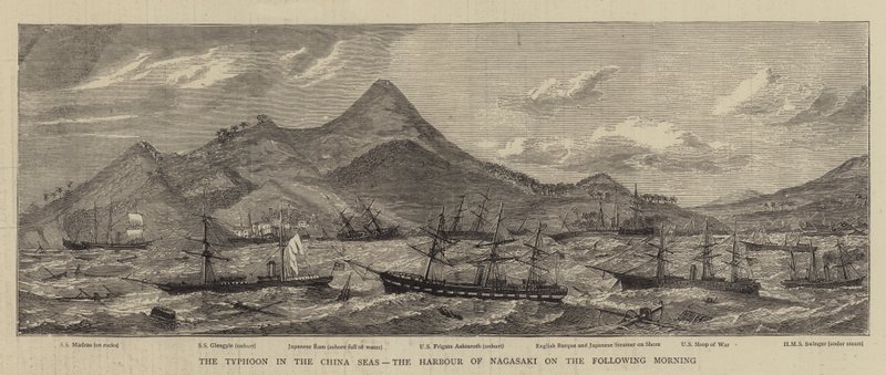 Tyfonen i det kinesiske hav, havnen i Nagasaki den følgende morgen (gravering) af English School